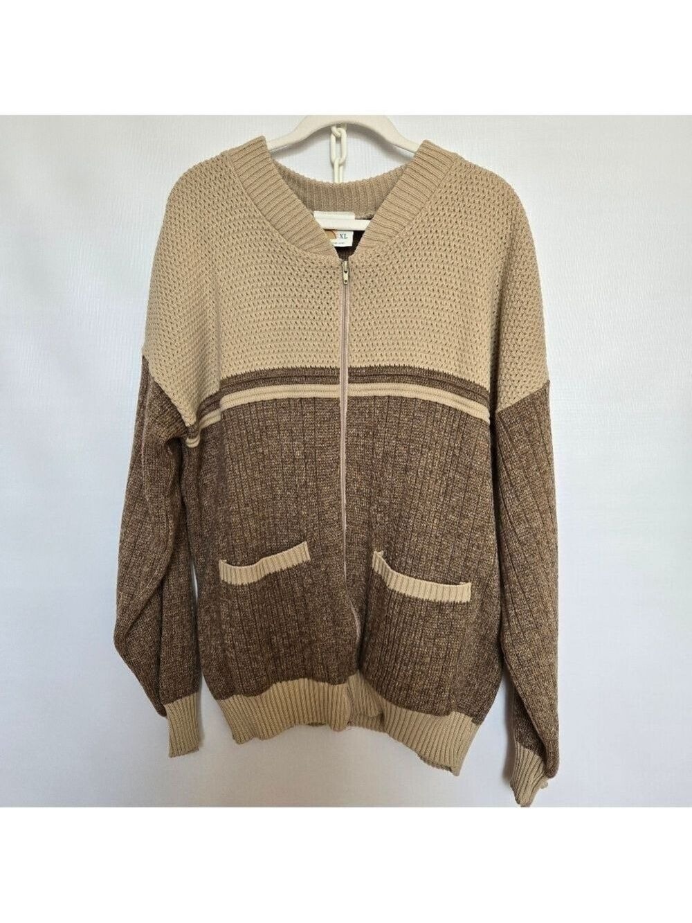 CARDIGAN SWEATER MENS BROWN TAN KNIT ZIPPER CLOSURE (XL)